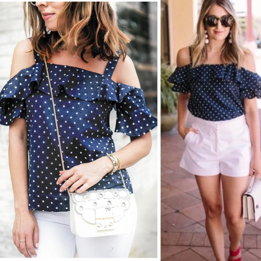 J. Crew Navy Dot Ruffled Off-Shoulder Top - Picture 1 of 8